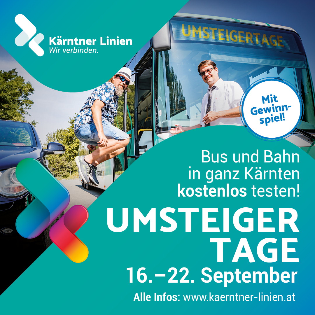 Umsteigertage Kärntner Linien: Mann springt aus Auto in Bus, Fahrer winkt.
